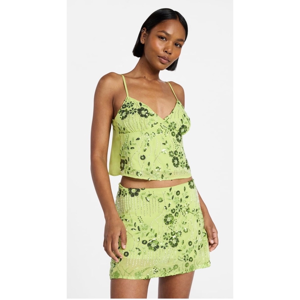 No Boundaries Lime Green Sequin Beaded 2 Piece Set Cami Top Mini Skirt XS 0-2